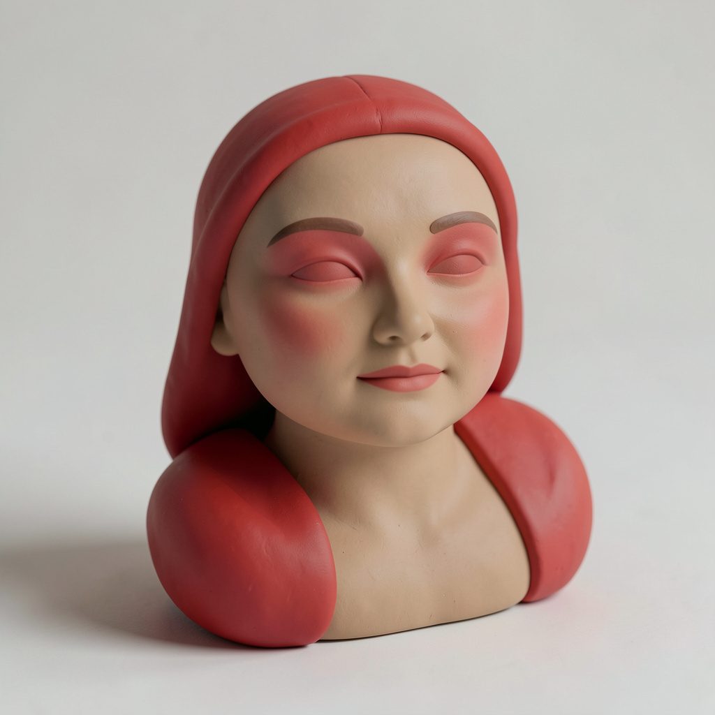 Figura modelada en arcilla de una académica joven, cabello recogido, expresión amable, vestimenta clara, sobre fondo ocre suave y formas redondeadas.