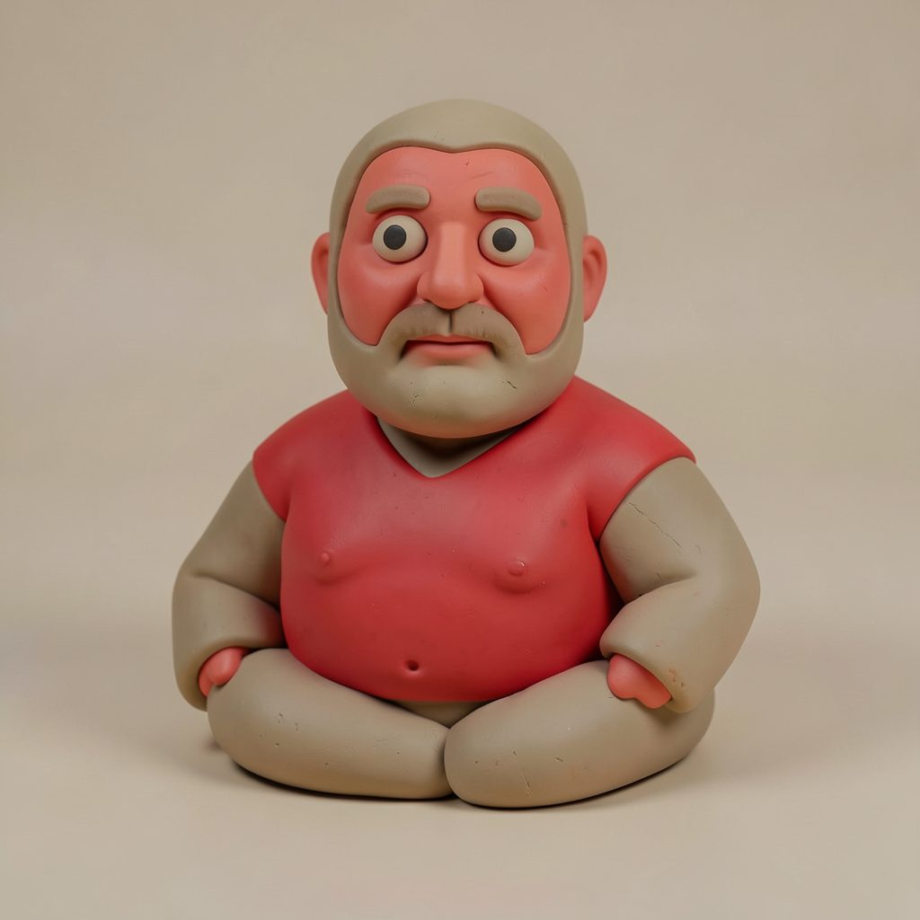 Busto de arcilla color terrosa de un profesor universitario de cabello canoso, rostro serio, sobre fondo beige, iluminación cálida y textura hecha a mano.